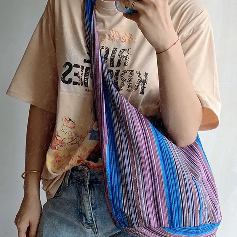Fashion Bohemian Canvas Shoulder Crossbody Bag Womens Large Capacity Versatile Ethnic Style Shopper Tote Bag 250214