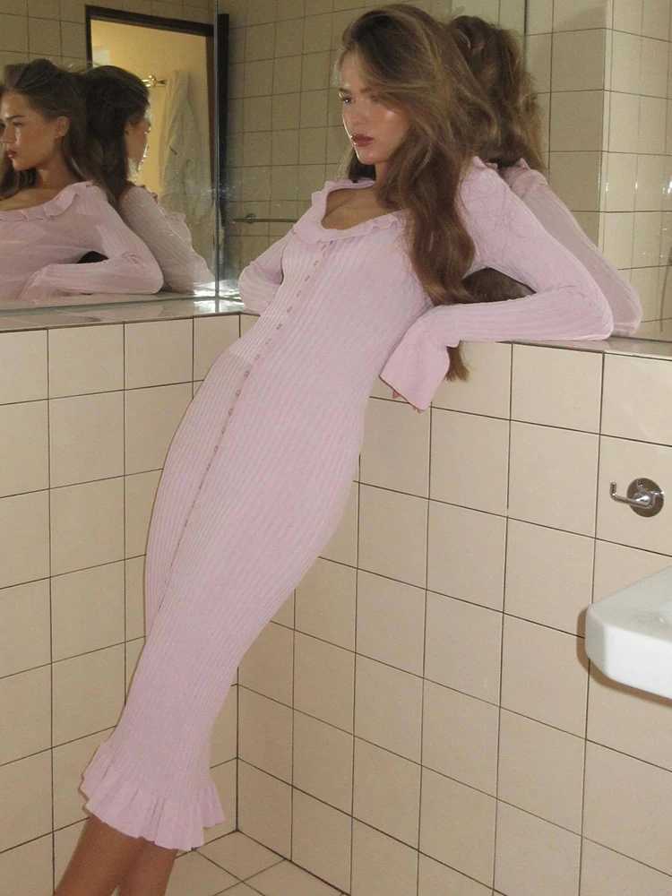 Basic Casual Dresses Fantoye Turn-down Collar Ruffles Women Maxi Dress Flare Slve Single Breasted Dress Female Autumn Elegant Party Clubwear H25217