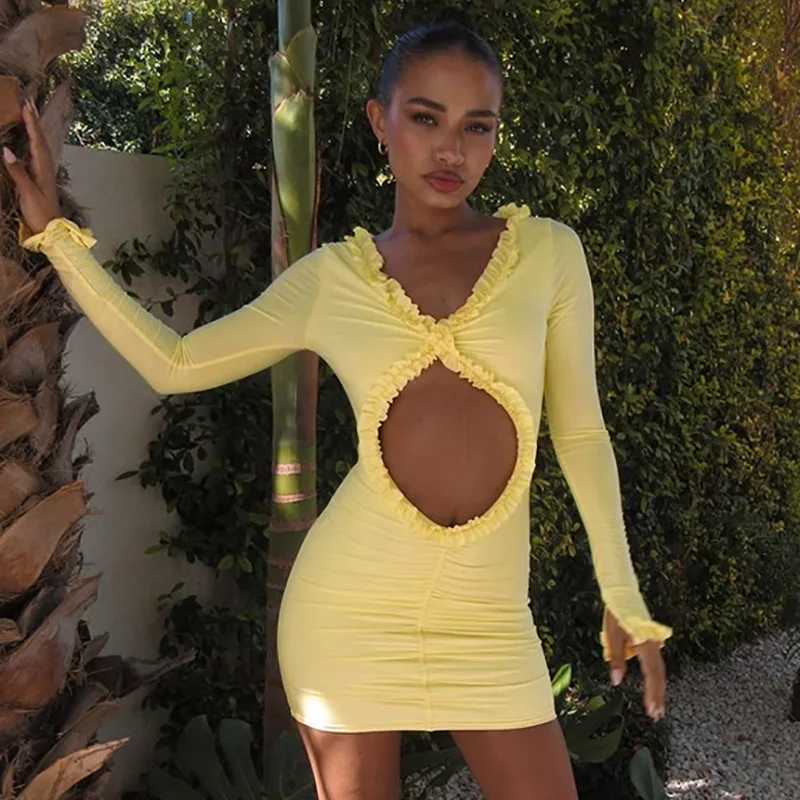 Basic Casual Dresses Lygens V Neck Long Slve Ruffles Hollow Out Hole Mini Short WomenS Dresses Elegant Evening Ladies Dress Casual Clothing H25217