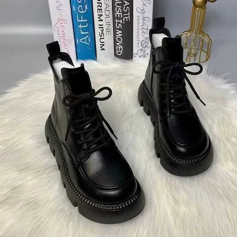 Womens 2025 Spring and Autumn New Soft Leather Boots Fi Thick Soled Tall Short Boots Round Head Strap Short BootsXJ250217