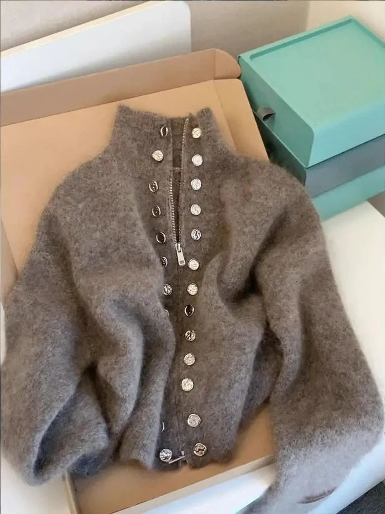 fluffy knitted cardigan sweater with double chest sweater jacket for womens autumn high-end lazy zipper 2000s Y2k knitted top 250214