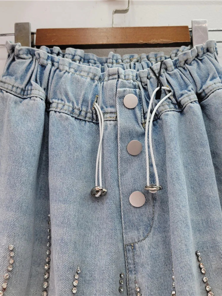 EWQ High Quality Diamond Studded Beads High Waist Loose Denim Wide Leg Shorts For Women 2025 Spring Summer 16U9607 250217