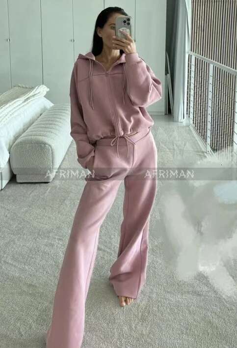 Women Sporty Style Short Cotton Hooded Hoodies Coat or Wide Leg Long Pants Set