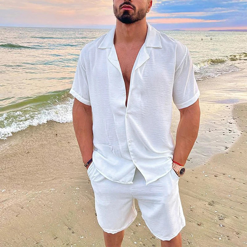 Mens Summer Casual Loose Two Piece Sets Beach Solid Cotton Linen Man Suit Short Sleeve Button Shirt And Shorts Office Outfits 250217