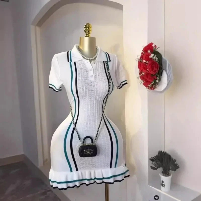 Women Color Patchwork Ruffles Hem Knitted Mini Dress Buttons Polo-neck Short Sleeve High Stretch Bodycon Casual Outfits Vestidos 250217