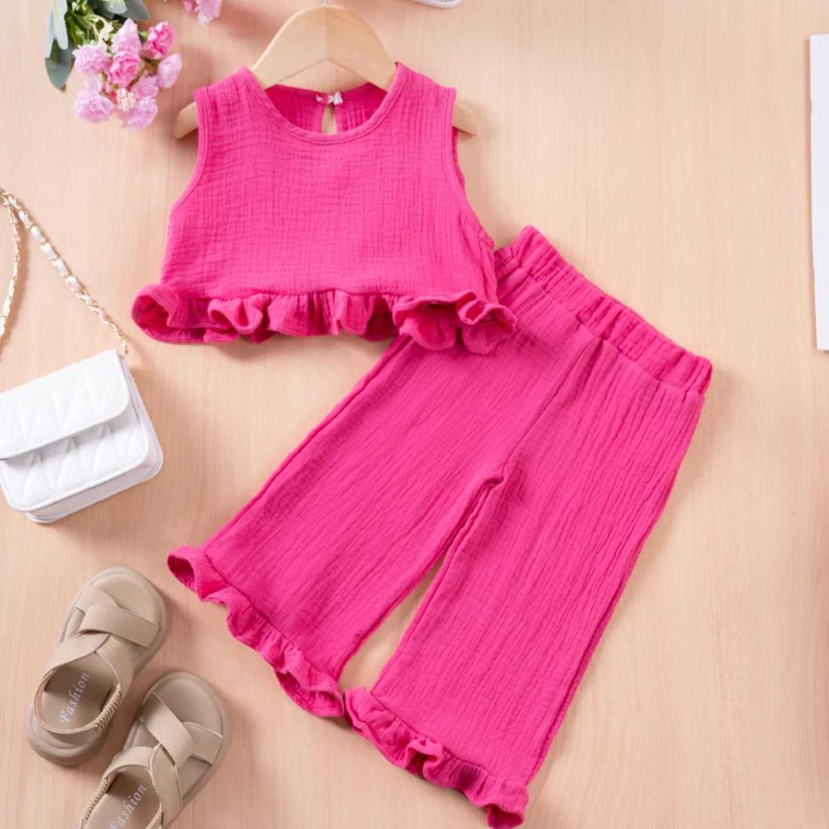 2024 Summer Solid Ruffle Top and Wide Leg 2-piece Solid Korean Childrens Clothing 0-6YXJ250410