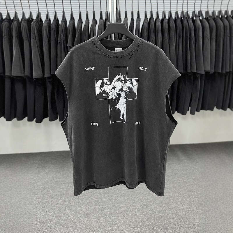 New American style hand water tank top, worn out, washed with white ink, direct spray printed short sleeved T-shirt