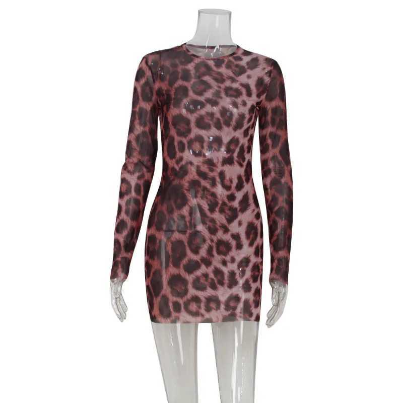 Basic Casual Dresses Ahagaga Leopard Printed Womens Mini Dresses Fashion Sheath Regular Causal Long Slves O-Neck Elegant Strtwear Vestidos Robes H2521