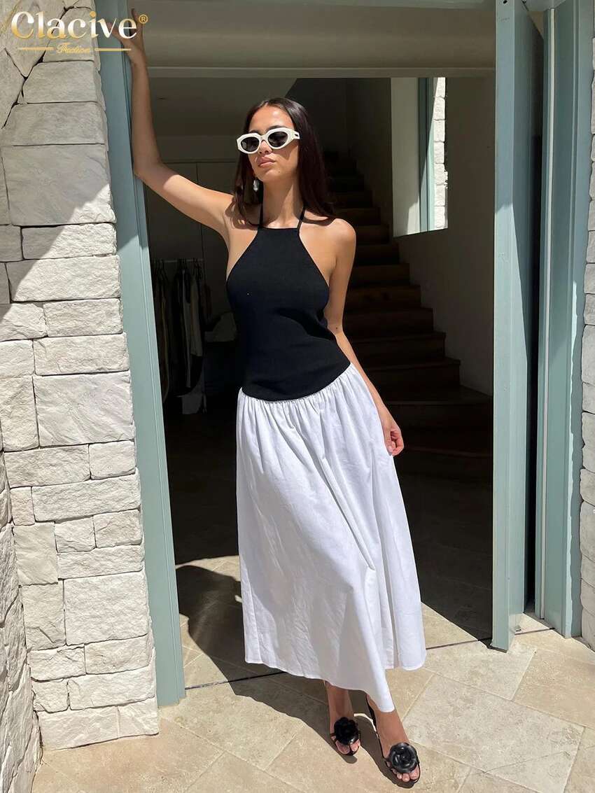 Clacive Summer Slim Patchwork Women's Sexy Halter Sleeveless Ankle Length Dresses Elegant Classic Pleated Female Dress