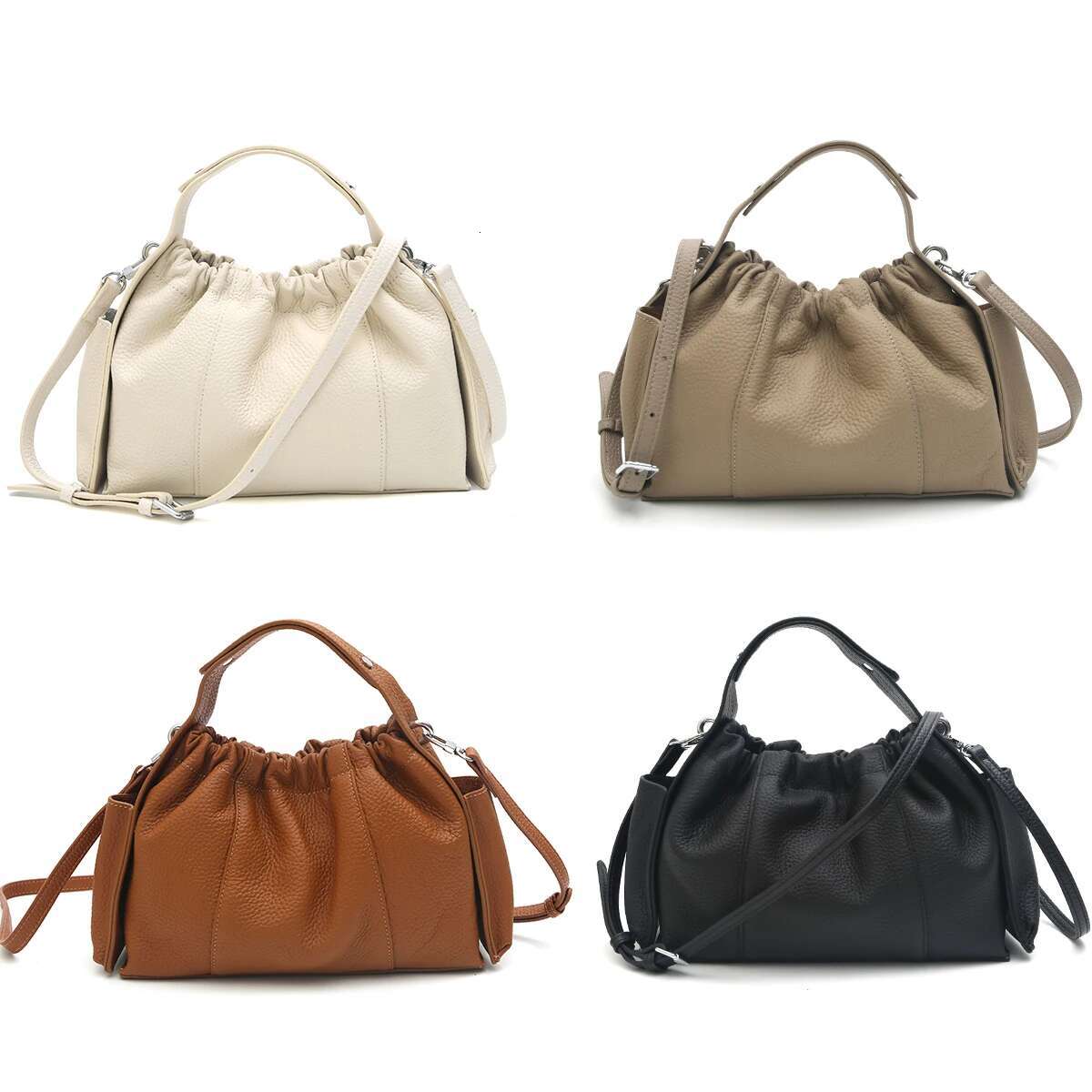 SC Fashionable Women Top-Handle Bag Genuine Leather Magnetic Elastic Closure Side Pockets Long Strap Shoulder Cross Body Handbag