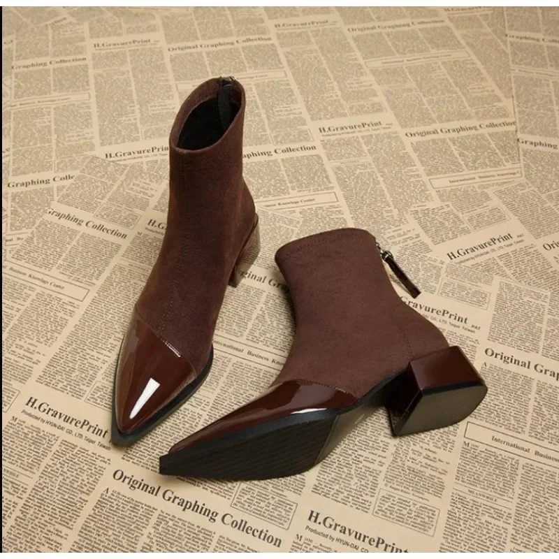 High Heels Ankle Boots Women Chunky Suede Pointed Toe Shoes Winter 2024 Trend New Elegant PumpsXJ250217