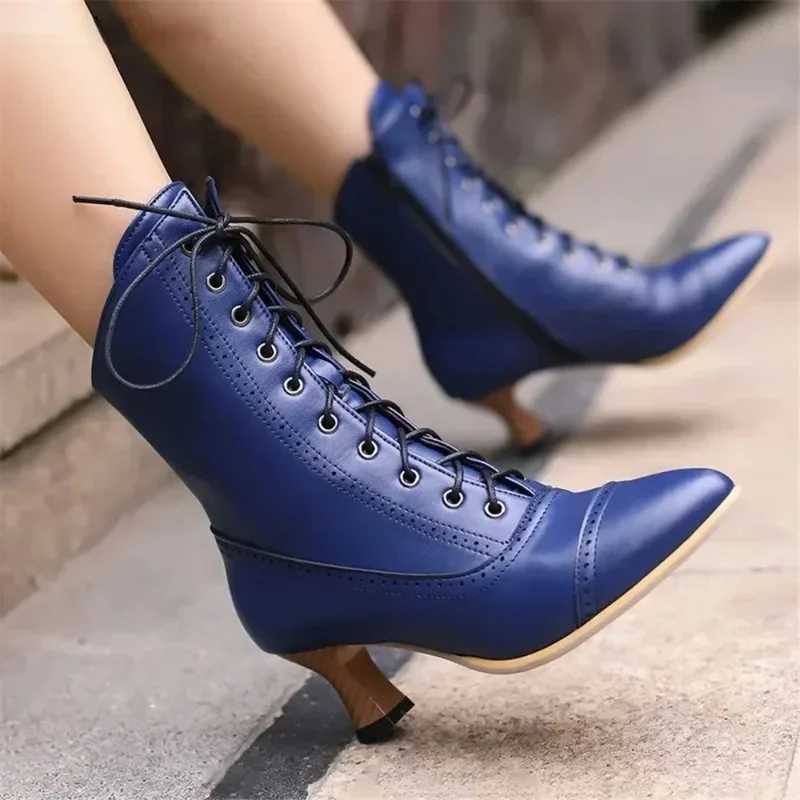 High Heeled Short Boots Women British Style Noble Knight Booties Pointed Toe Cross-tied Lace-up Ankle Boots Medieval BootsXJ250217