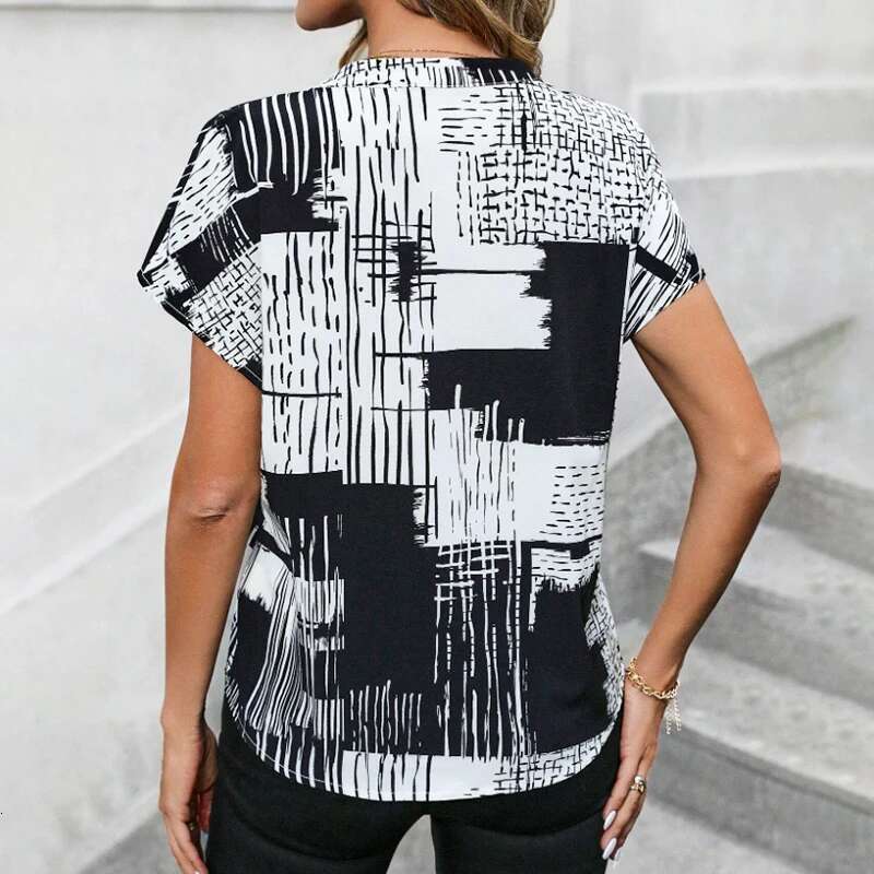 Women's Summer V-Neck Black And White Check Small Fresh Short Sleeve Chiffon Shirt Top Breathable Fiber Casual New Style
