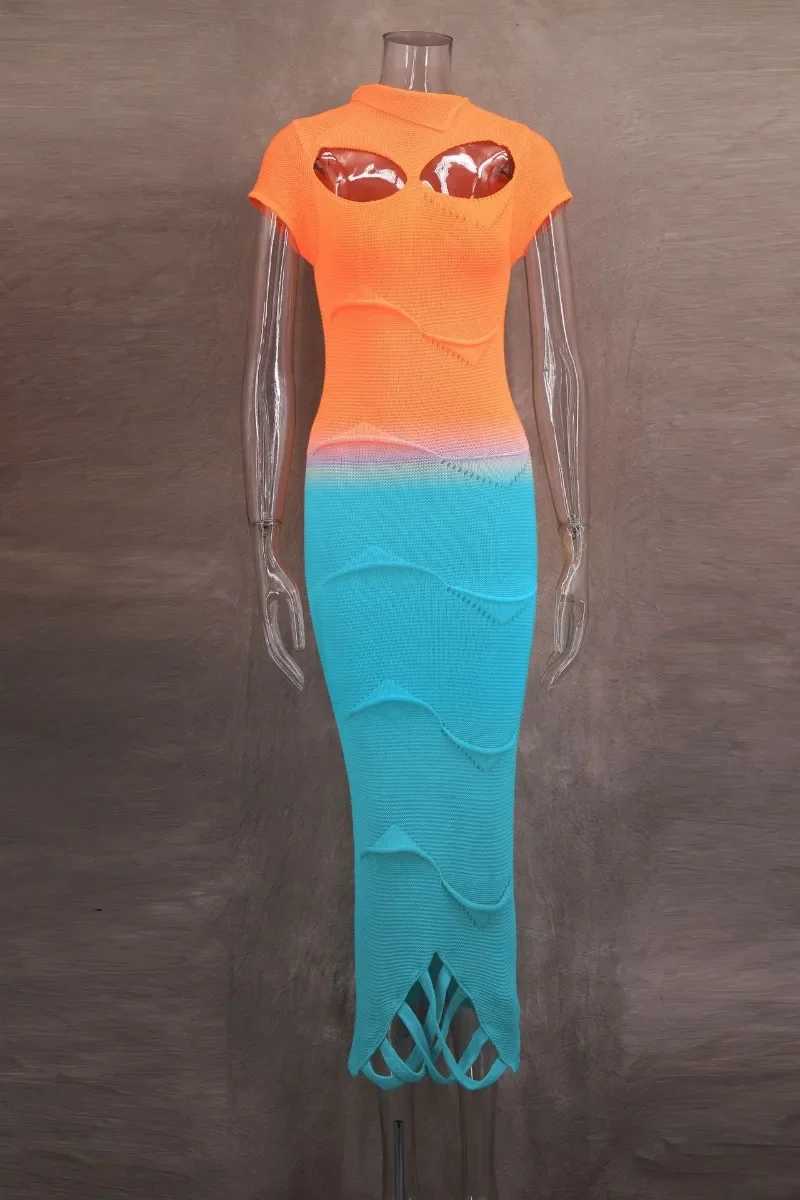 Basic Casual Dresses Orange Blue Gradient Hollow Out Bodycon Maxi Dress Women Sexy O-neck Short Slve Tassel Knitted Long Robe Strtwear Outfits H25217