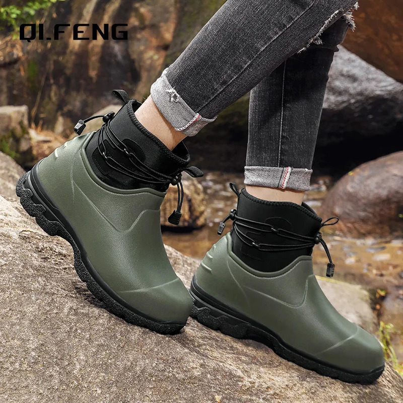 Mens Rain Shoes Leather Top Thick Sole High Top Anti Slip Water Shoes Outdoor Mountaineering Plush Warm Boots Work Safety Boots 250217