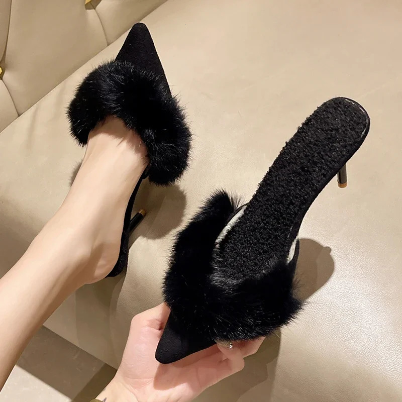2024 Spring Faux Fur Mules Slippers Women Pointed Toe Slip-On Thin Heels Sandals Woman Short Plush Lined Closed Toe Slides Shoes 250217