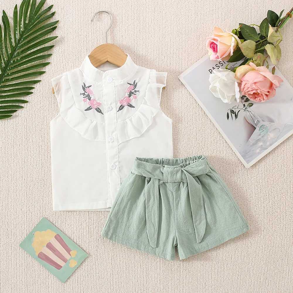 Childrens Clothing Set Summer Baby Girl Embroidered Short Sleeved Shirt+solid Color Shorts Casual 2/Piece Set W250218