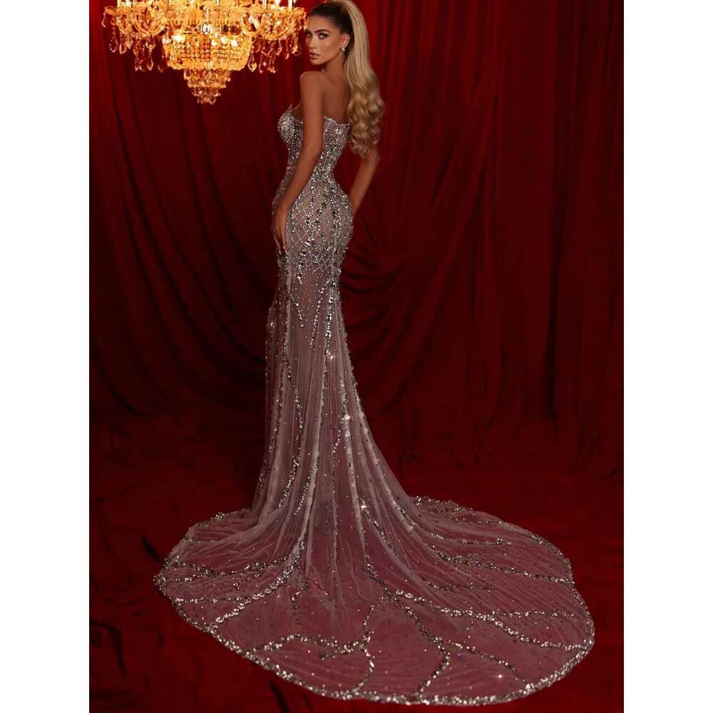 Illusion Sexy Side High Slit Tail Dresses Sparkly Crystal Evening Dress Mermaid Prom Gown Customized Robe De Mari E