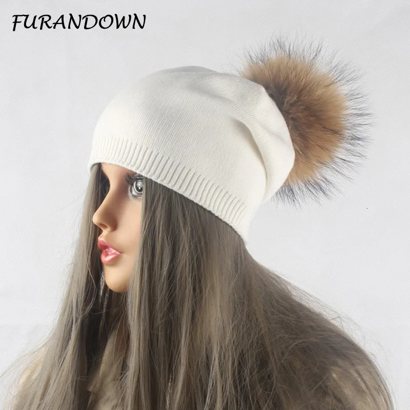 Autumn Winter Warm Knitted Hat Women Wool Skullies Beanies Casual Female Cashmere Beanie Cap Real Raccoon Fur Pompom Hat250214