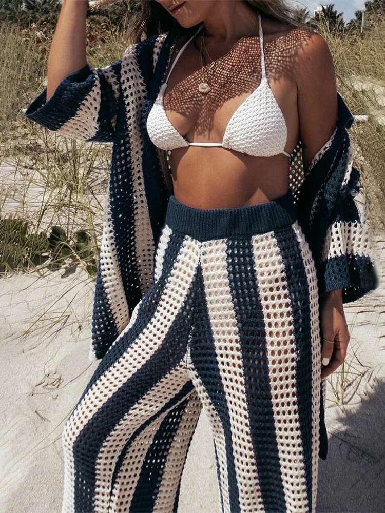 Women's Crochet Knitted Sets Summer Beach Suits Casual Loose Cardigan Tops And Pant Beachwear 2 Piece Set