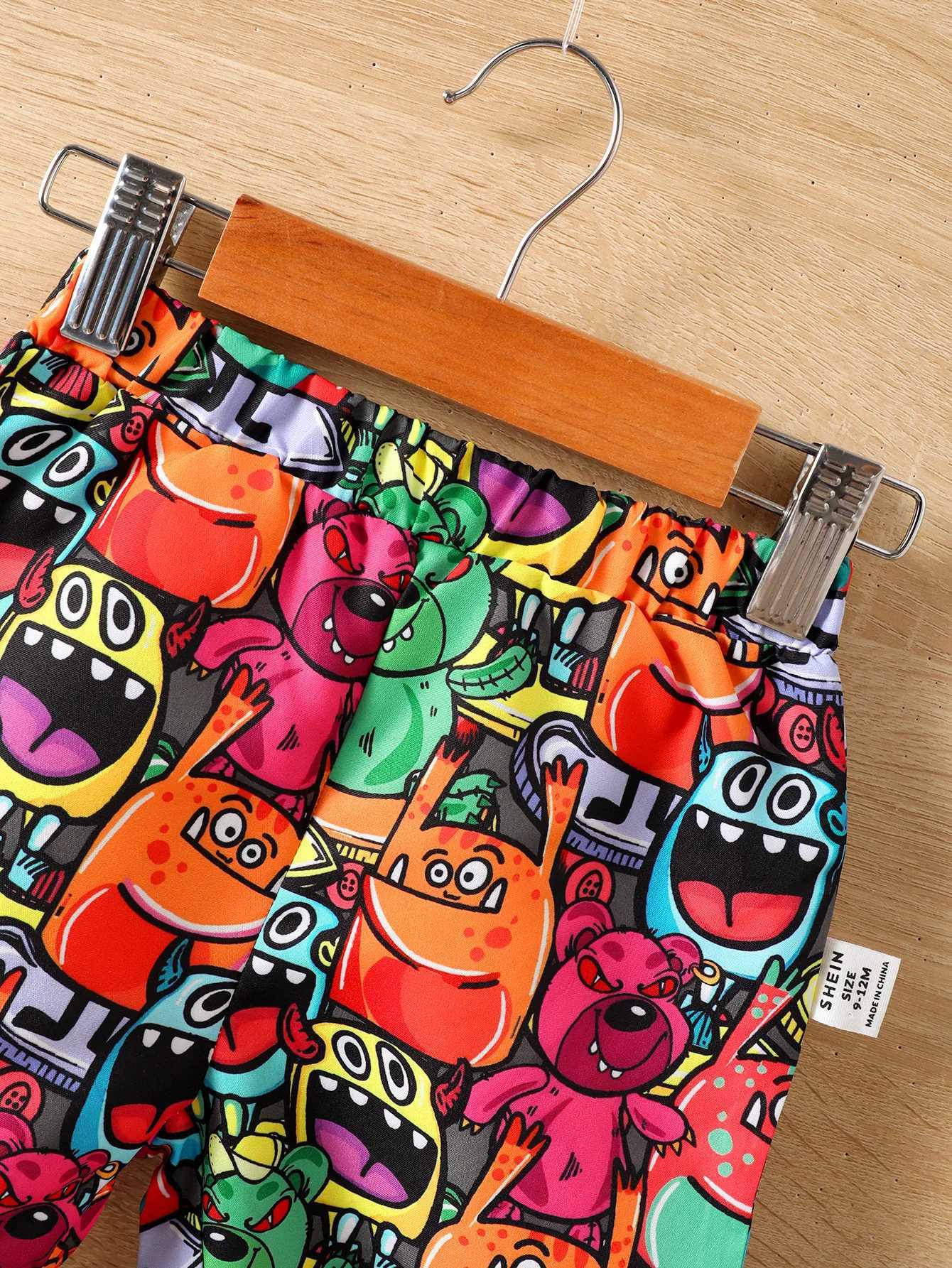 Baby Boys Summer Fashion Funny Four-Piece Pure White T-Shirt Top Monster Print Straddle Bag Pocket Pants Sunscreen Hat W250218