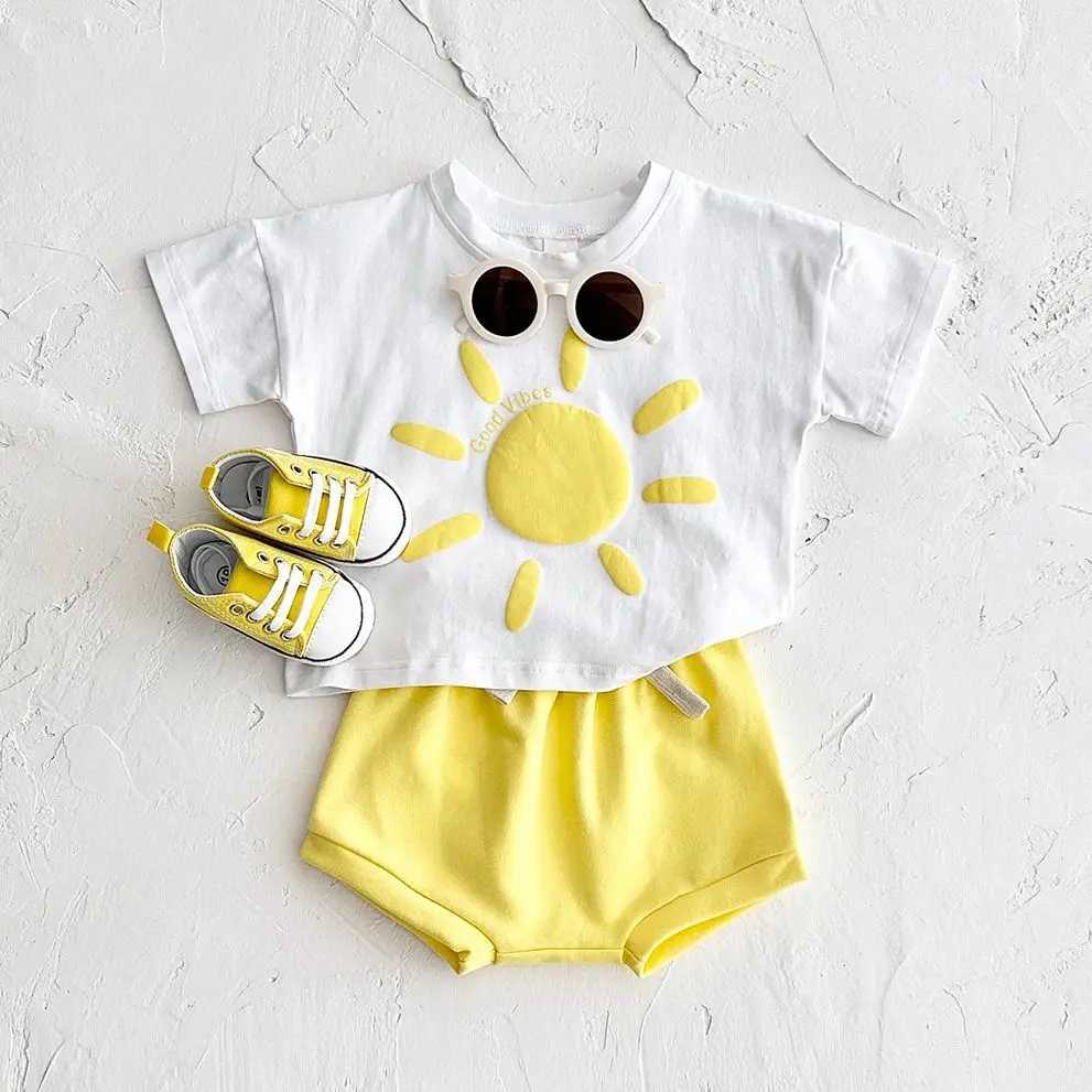 Toddler Boys Outfit Baby Clothes Set Newborn Baby Summer Clothing Cotton Girl Suit Sun Flower Print T-shirt+Beach Shorts W250218