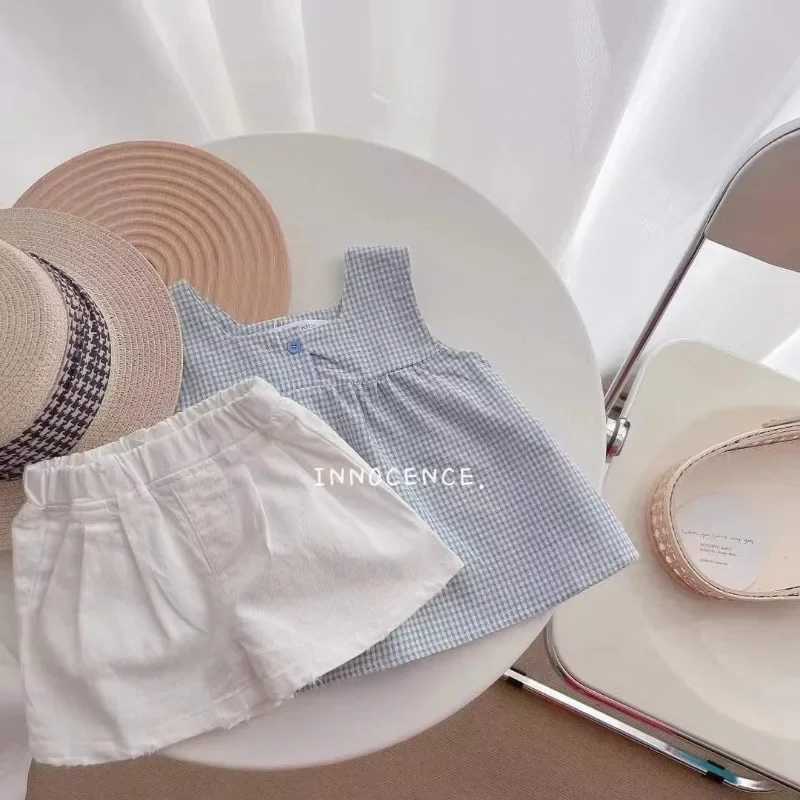 Girls clothing set summer childrens casual clothing girls checkered belt+white shorts childrens baby clothing W250218