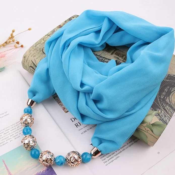 Fashion Head Scarves Solid Color Chiffon Beads Scarf Necklace For Women Maxi Statement Necklaces Jewelry W250218
