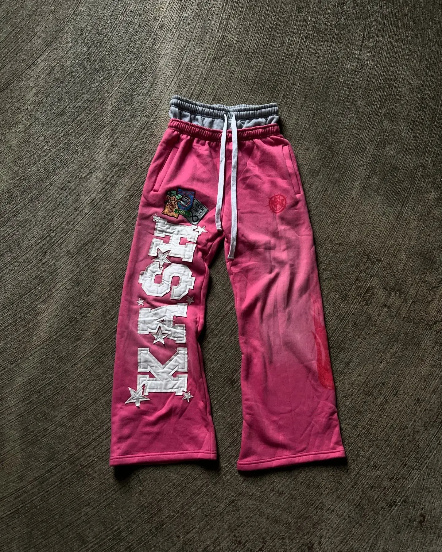 Pink Double Layer Sweatpants Y2K Mens Womens Gothic Hip Hop Letter Patch Retro Baggy Pants Casual Elastic Waist Jogging Pants 250217