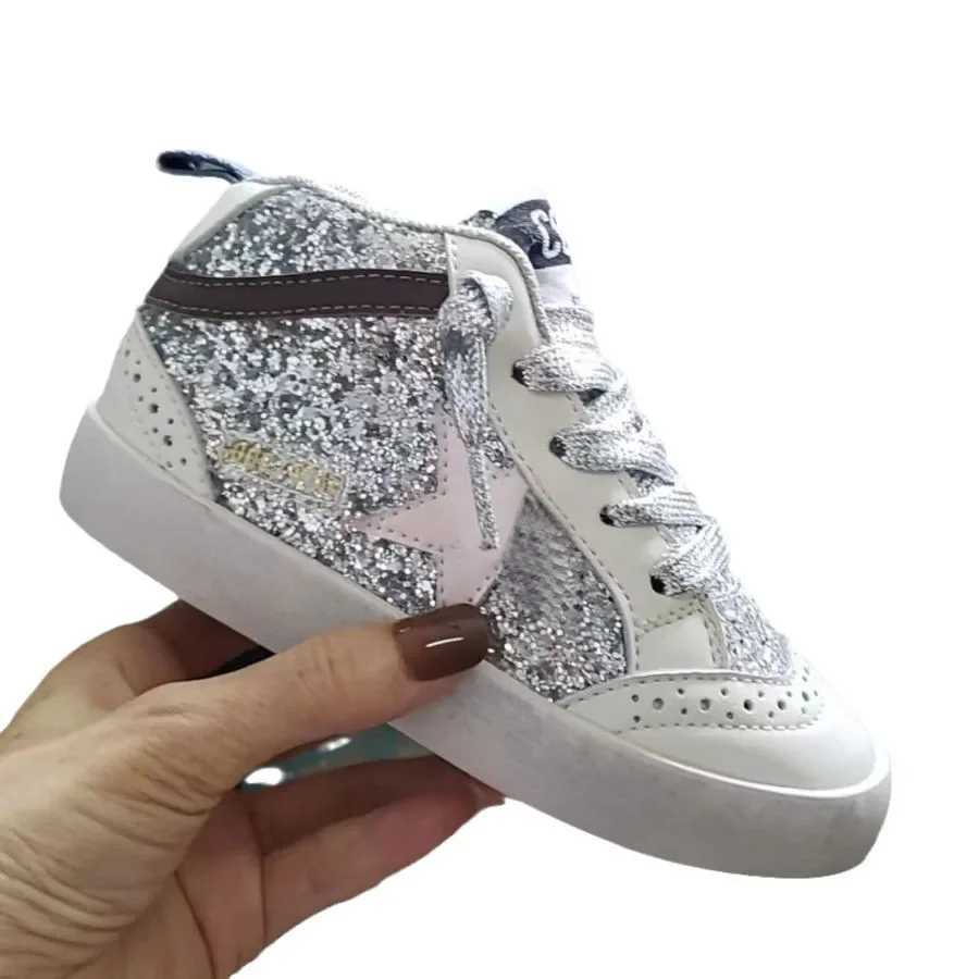 Brand New Luxury Glitter Leather Kids Sneakers Girls Boy Sequin Star Kids High Top Star Trainers Soft Sole Small Casual Shoes Z250217