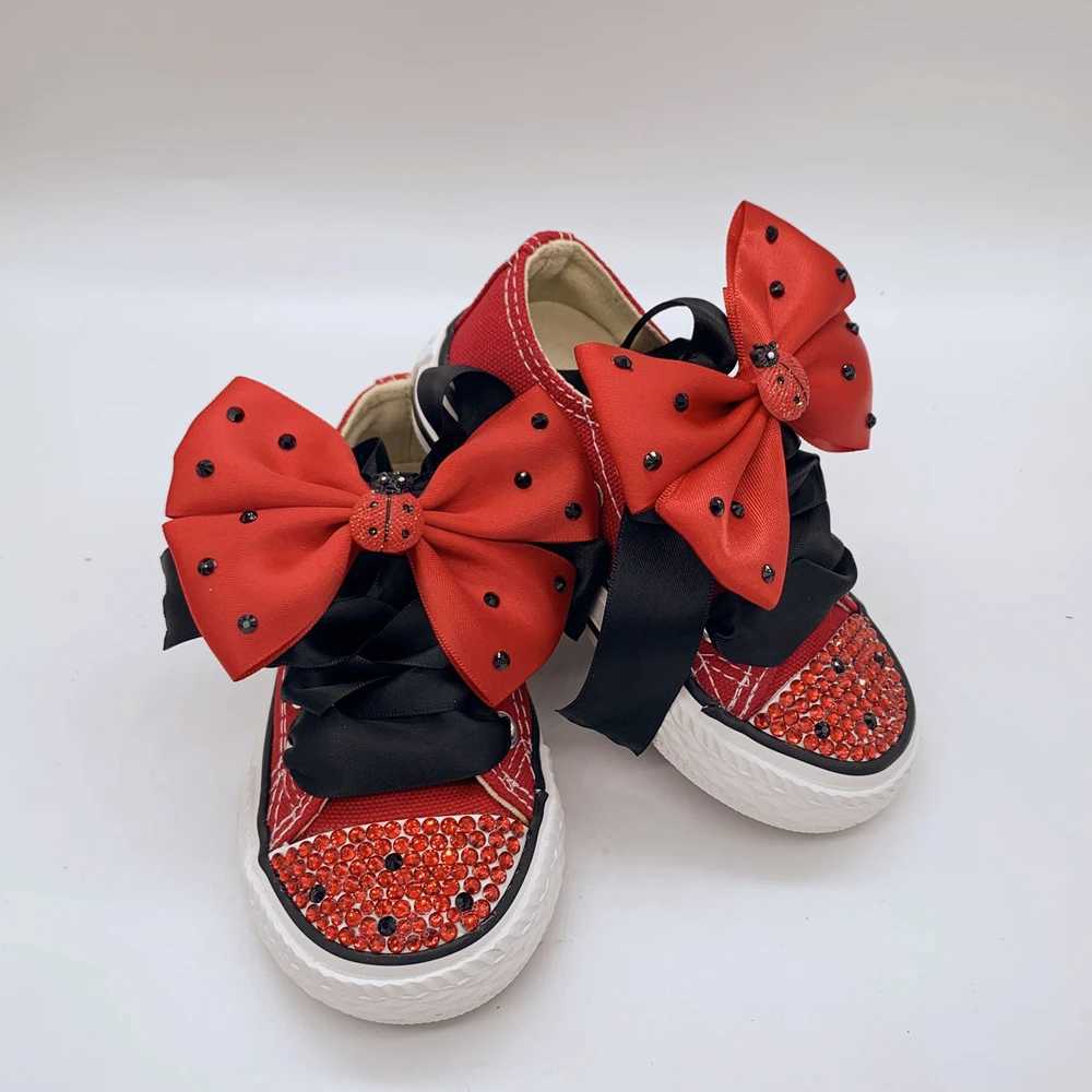 Dollbling Canvas Shoe Custom Handmade Ladybug Low-Top Canvas Rhinestones Casual Flats Kids Crystal Girl Boys Toddler Sneakers Z250217