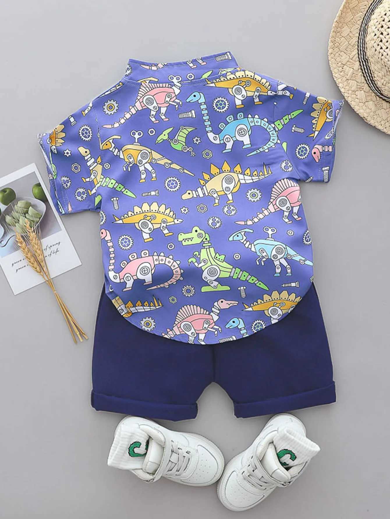 2PCS baby and toddler summer full print machine dinosaur pattern standing collar shirt short sleeved shorts set W250218