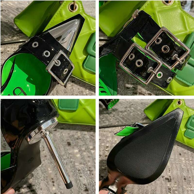 2024 New Pointed High Heels Women's Stiletto Baotou Hollow Metal Iron Toe Patent Leather Sandals Pumps