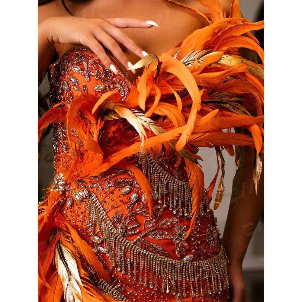 Tassel Pearls Evening Dress Strapless Sexy Slit Prom Dresses Feathers Beaded Embroidery Party Gown Vestidos De Gala es