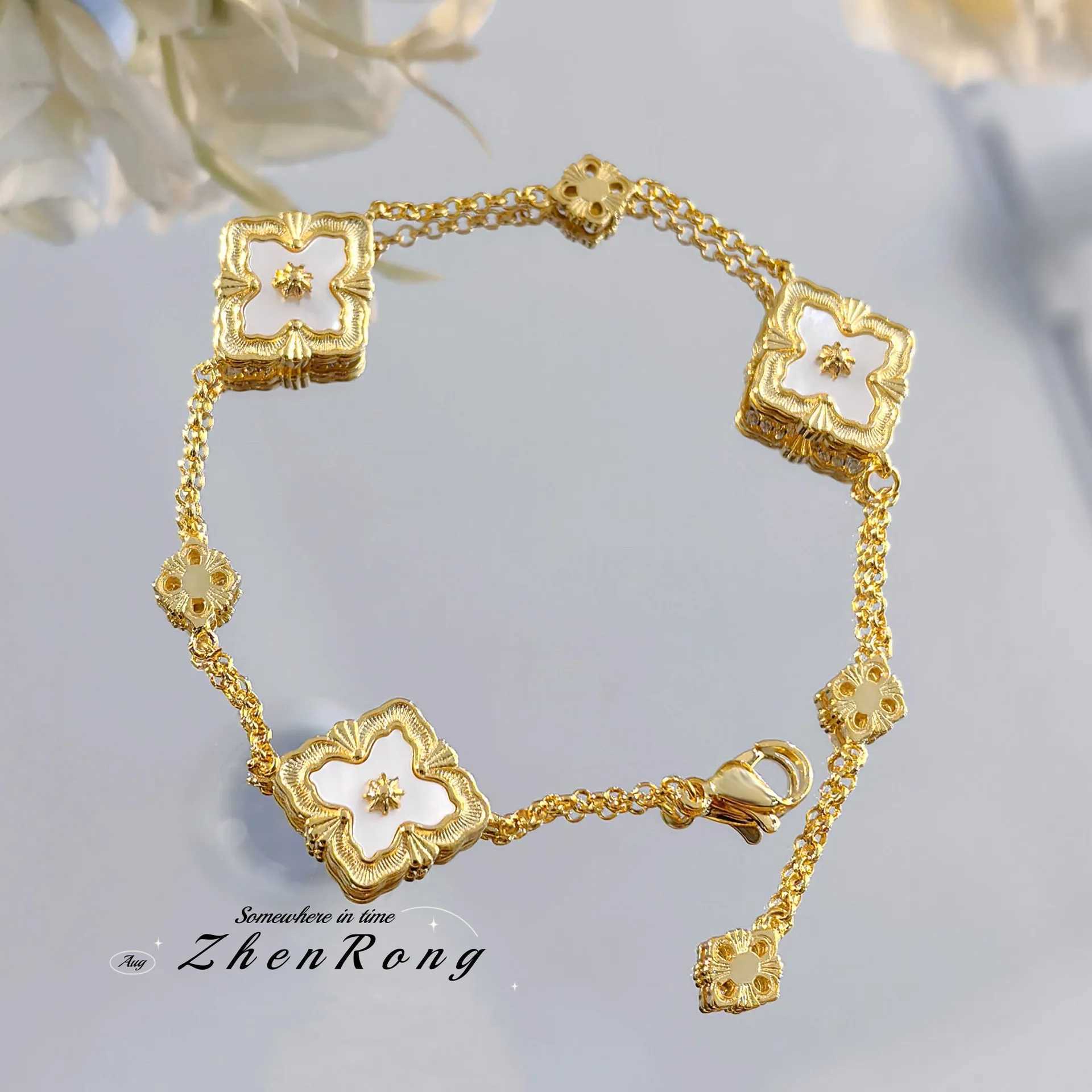 Chain Foydjew Italian Vintage White Fritillaria Four-leaf Clover Bracelets For Women Fashion Gold Color Wedding Accessories H250217
