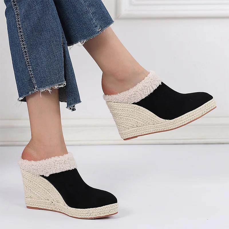 LIHUAMAO Plush lining Wedges heel slipper comfort women mules espadrilles shoes platform pumps comfort slip on loafers sandals 250213