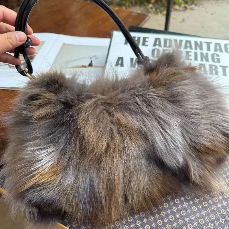 NEW Real Fox Fur Woman Ladies Crossbody Bags Designer Handbags Women Handbag Shoulder Fuzzy Fluffy Tote Bag