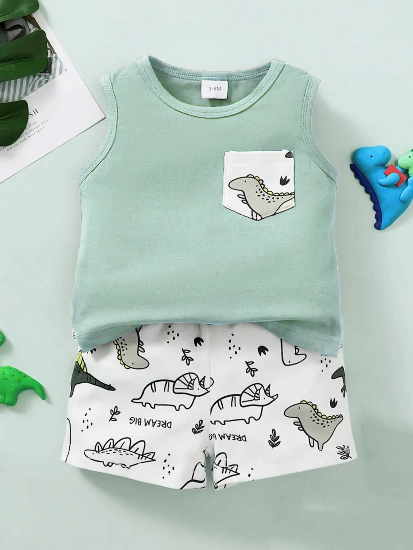 Summer Cool 0-2 Years Old Boys Dinosaur Prints Sleeveless Casual Two-Piece Suit W250218