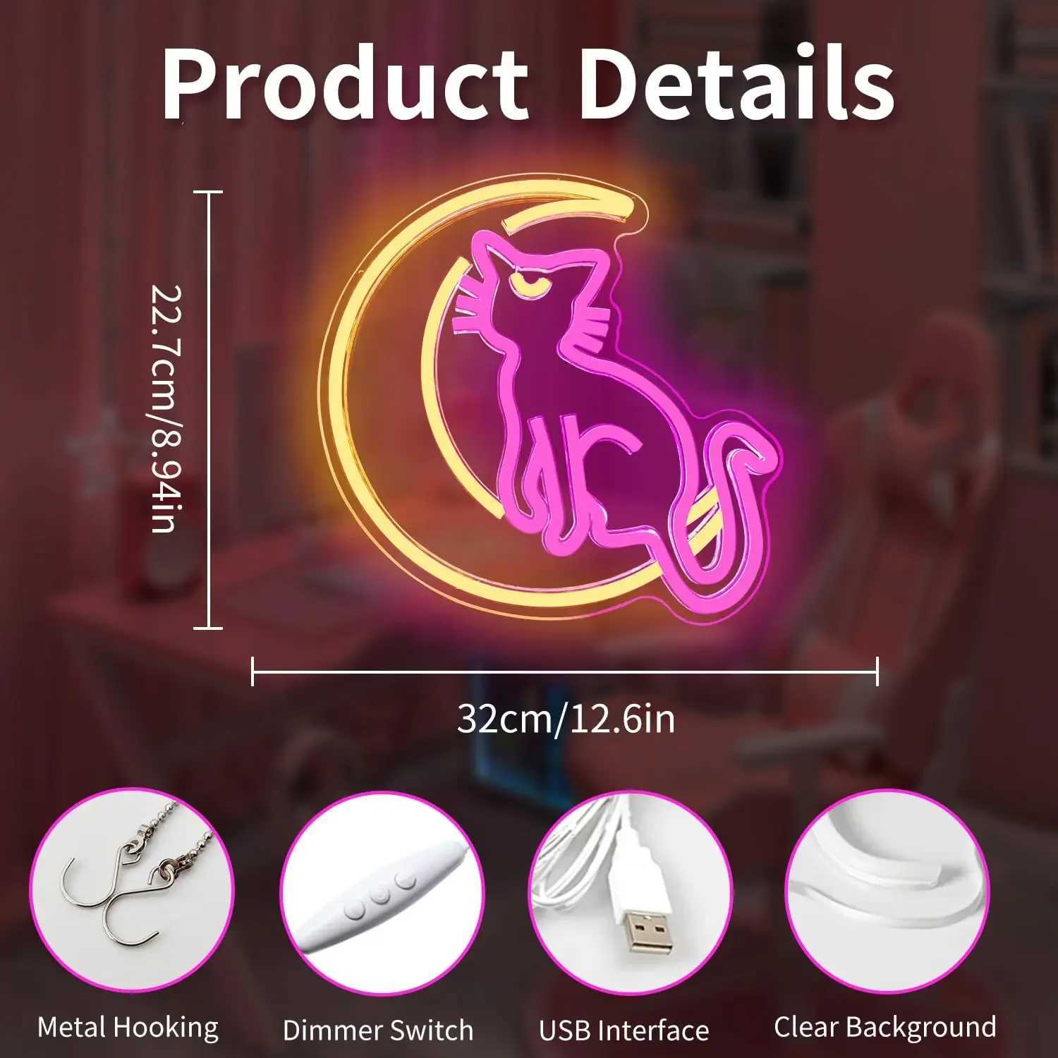 Anime Cat Neon Signs Dimmable Cartoon Luna Neon Lights Moon Cat Neon Light Sign Cute Led Signs for Bedroom Wall for Girls Z250218