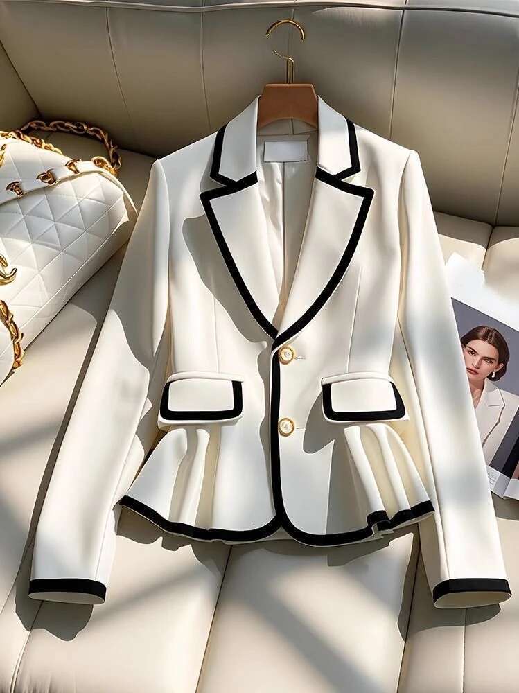 French Elegant Blazers Notched Collar Long Sleeve Ruffles Contrast Color Coats Spring Autumn Female Slim Design Women's Clothing