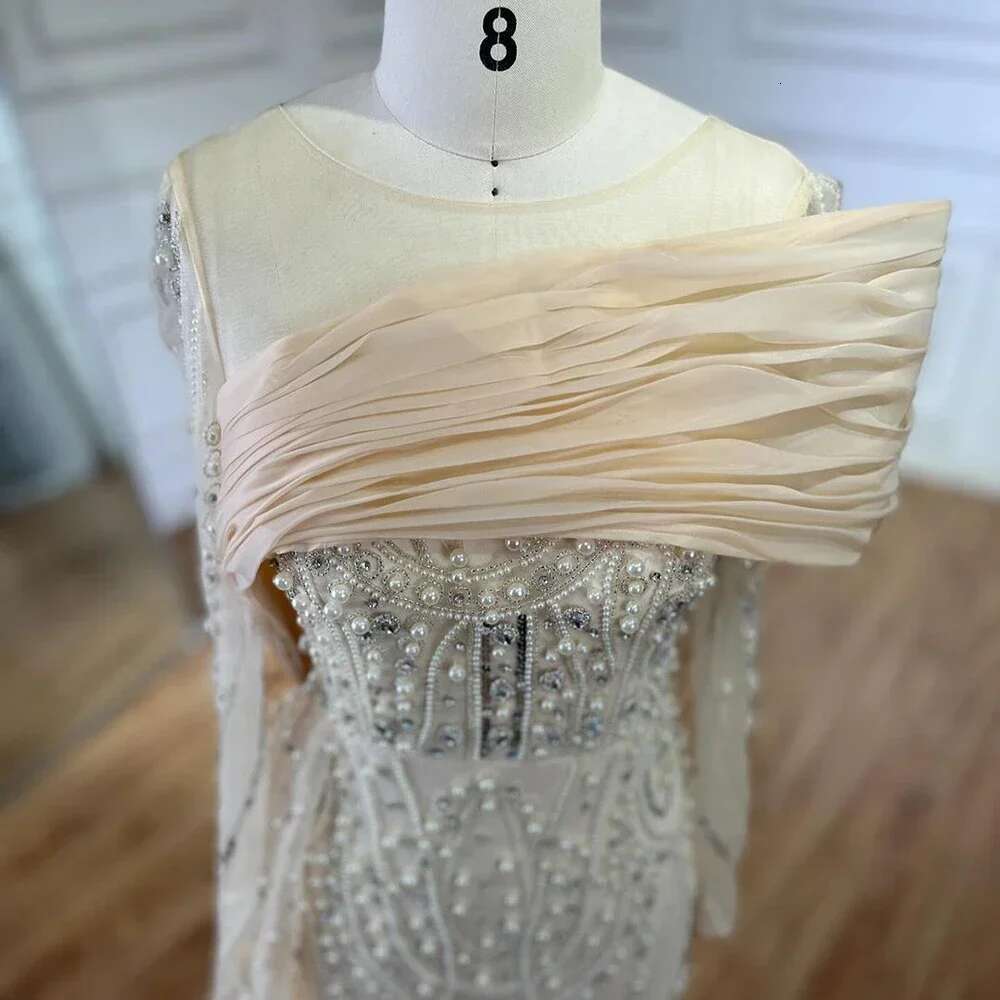 Evening Party Nude Mermaid With Overskirt Evening Dresses Gowns Beaded Pearls Customize BLA