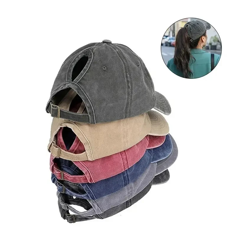 1Pcs Vintage Ponytail Baseball Cap Women Girls Pure Color Soft Washed Cotton Summer Woman Hat Messy High Bun Cap 250214
