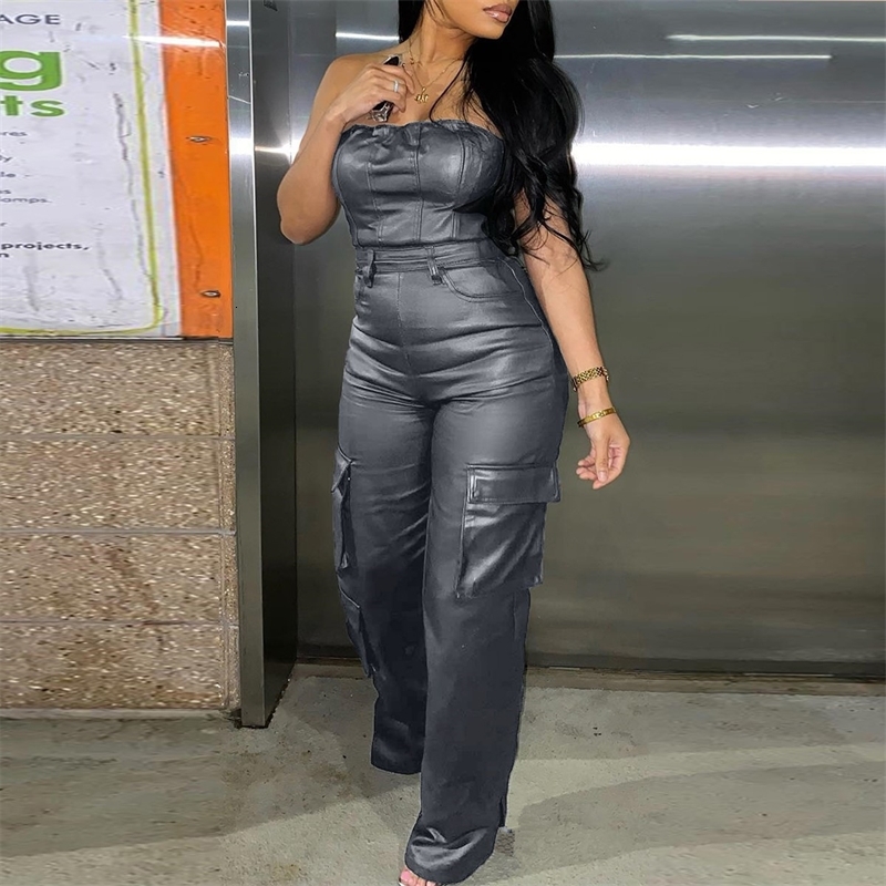 New Womens Jumpsuits 2025 Slim Sexy Off Shoulder Bra Tight Waist Wrapped Pu Leather Bodysuit 6 Colors