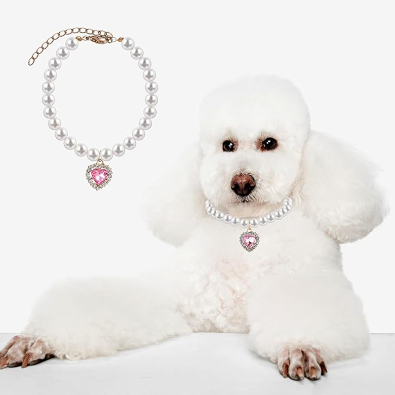 Fashion Dog Pearl Necklace with Pink Heart-Shaped Rhinestones and Small Rhinestones As a Pendant, Pet Neck Decoration for Small Medium Dogs, Adjustabl