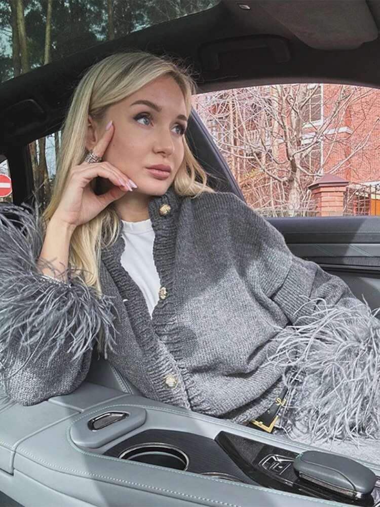 Patchwork Feather Cuffs O-Neck Sweaters Women Elegant Solid Single Breasted Cardigan Lady Fashion Chic Loose Streetwear Tops