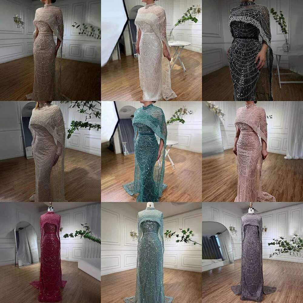 Nude Dubai Mermaid Elegant Long Cape Sleeves Arabia Beaded Evening Dresses Gown Customize Party LA