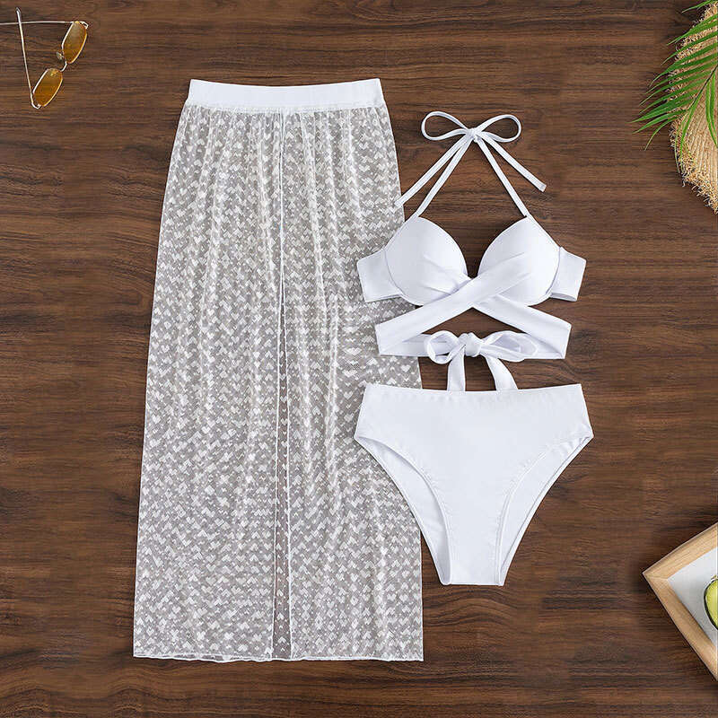 2025 New Solid Color Sexy Mesh Skirt Three Piece Set Women's Bikini Beach Swimsuit Bathing Suits Designer Bikini Swimwear Designer Swimwear New P