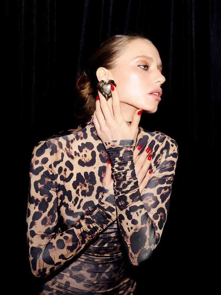 Basic Casual Dresses Ahagaga Fashion Sexy Leopard Printed Long Dresses Turtleneck Regular Casual Y2K Full Slve Slim Sheath Skinny Vestidos Robes H2521