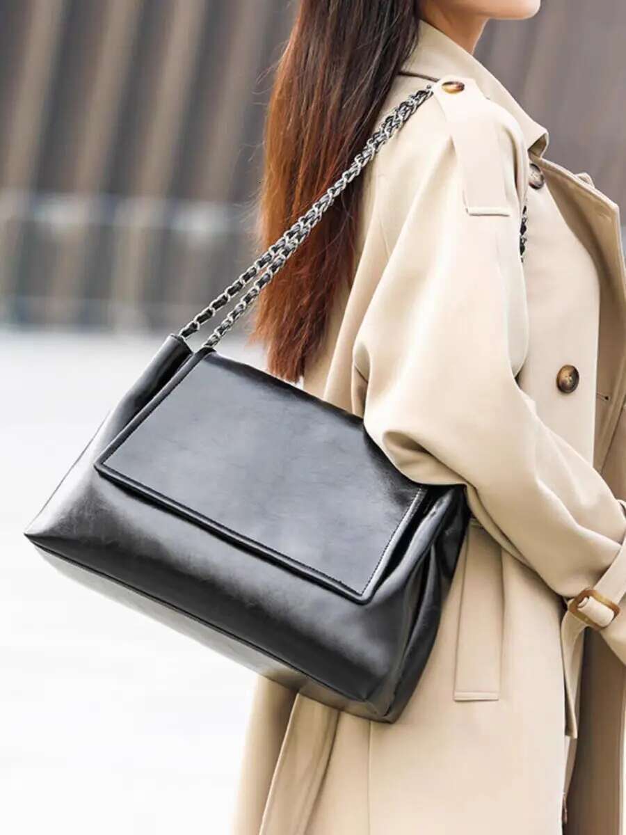 Chain Shoulder Bag Woman Soft Leather Large Capacity Square Tote Vintage Fashionable Cowhide Underarm Handbag Shopping
