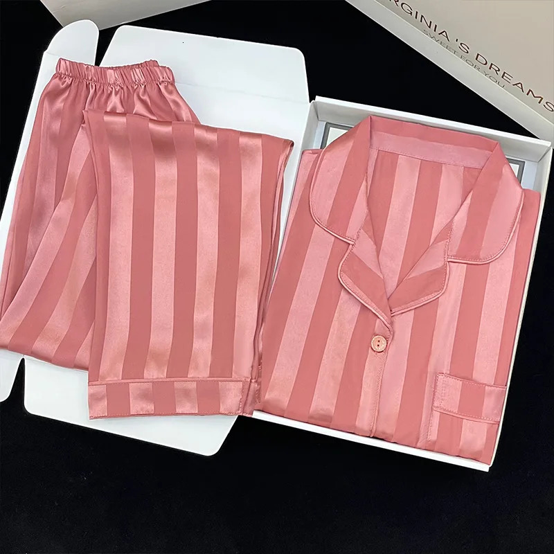 High-quality Striped Pajamas Womens Spring Autumn Long-sleeved Trousers Thin Cardigan Pajamas Womens Pink Satin Silk Sleepwear 250213